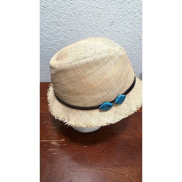 Scala Pronto Women's Natural Woven Straw Fedora Black Band & Blue Stone Accents - Picture 3 of 8